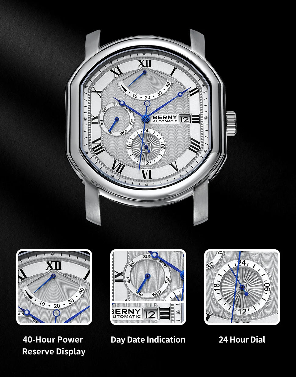 BERNY Men's Mechanical Watch, Top Accuracy, Automatic Wristwatch, Luxury Male Clock, Sapphire, Self-Winding, Waterproof