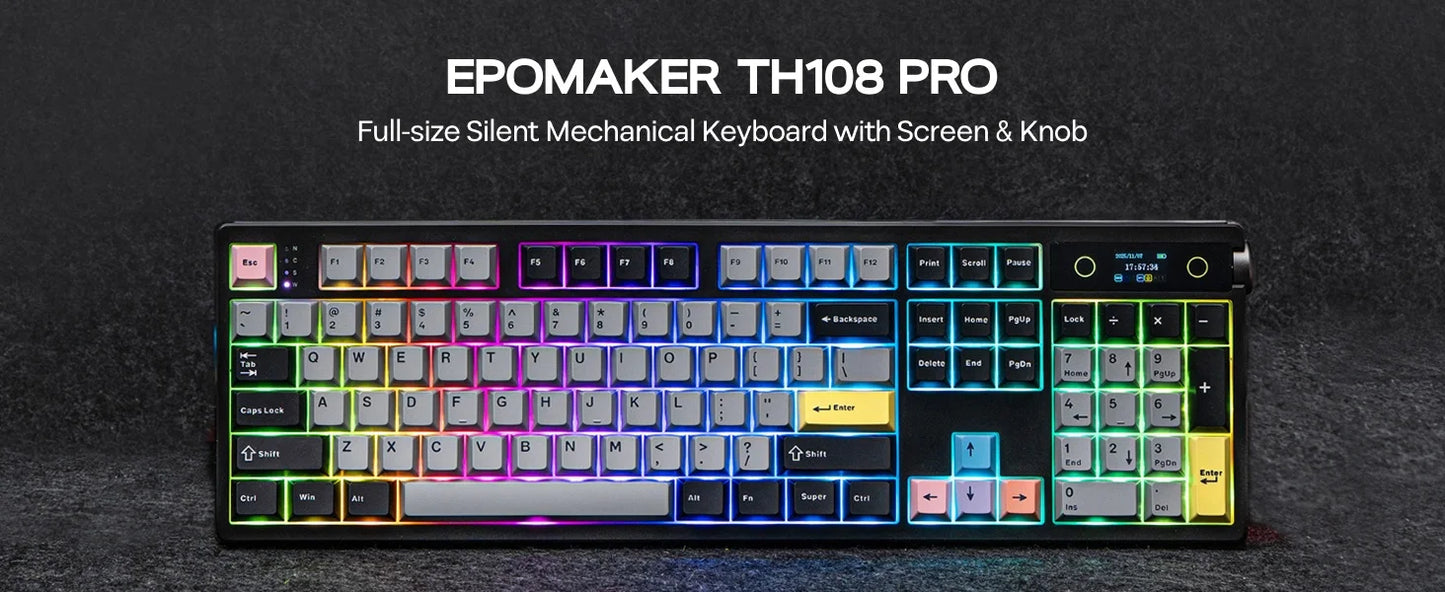 Teclado Mecânico EPOMAKER TH108 PRO 100% Full-Size Hot-Swap com Fio/BT/2.4Ghz sem Fios, Ecrã, Botão Rotativo e Bateria de 10000mAh