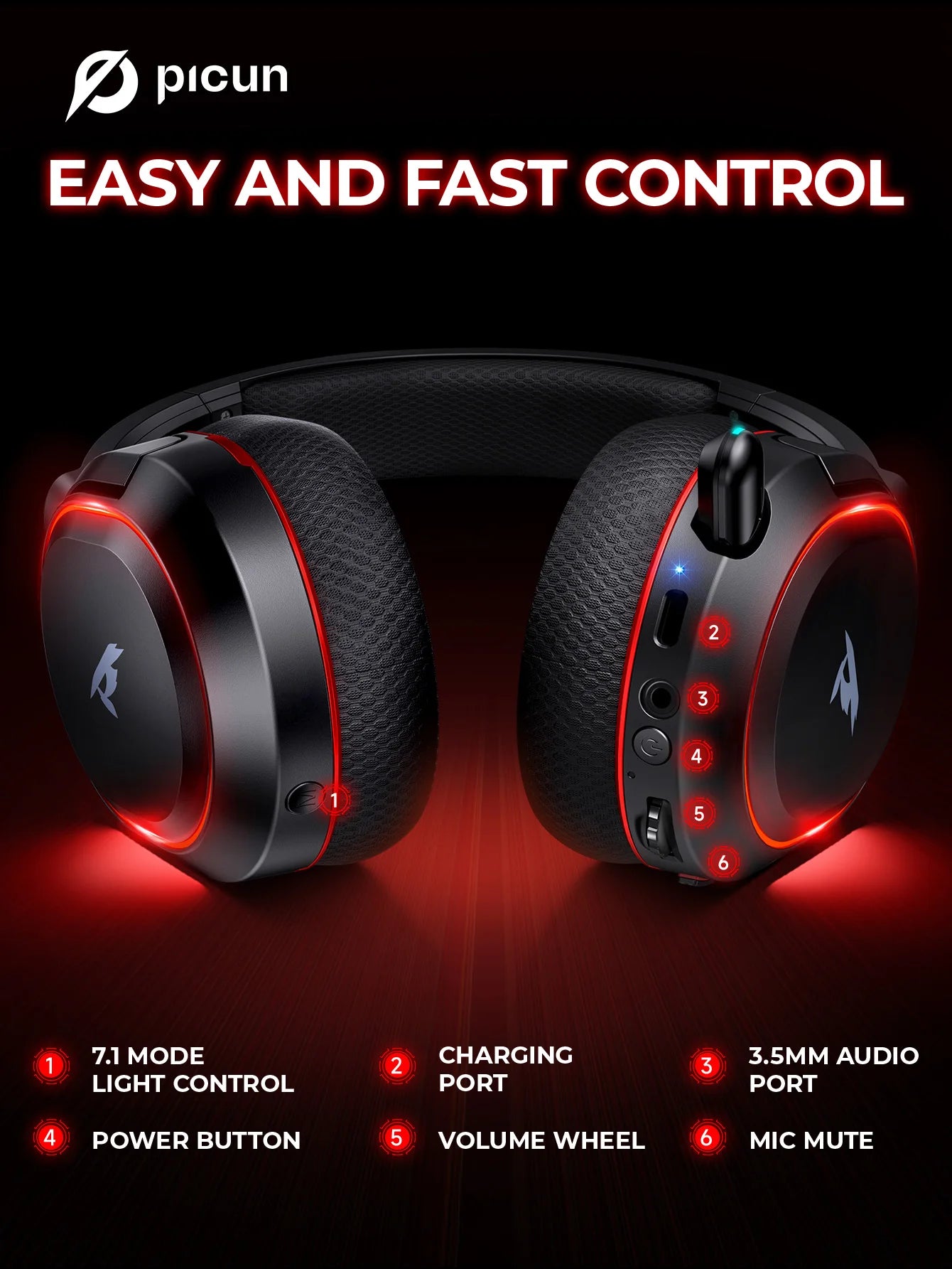 Cuffie da gaming wireless Picun G2 Bluetooth 5.3 – audio surround 7.1, microfono ENC, batteria 100H, cuffie a bassa latenza per PC, PS5, PS4, Switch e dispositivi mobili
