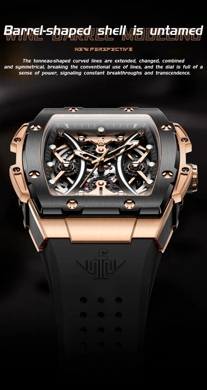 Relógio masculino OUPINKE clássico de luxo com mostrador tonneau, marca de topo, original, automático mecânico, bracelete em silicone e vidro de safira, novo