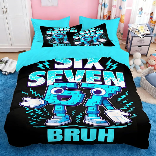 Juego de cama Cartoon Print Six Seven 67 de 2/3 piezas, funda nórdica y funda de almohada para el hogar, adolescentes y adultos, regalo para niños y niñas