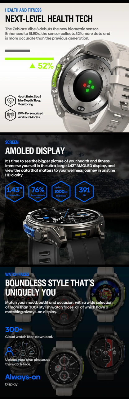 New Zeblaze VIBE 8 AMOLED Display Built-in Flashlight Smartwatch Sapphire Lens Make/Receive Calls HR/BP Monitoring Smart Watch