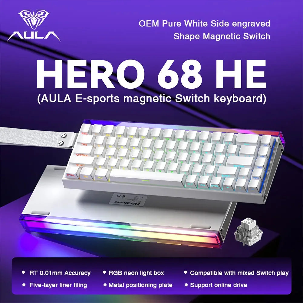Teclado mecânico gaming com fios AULA HERO68 HE, switches magnéticos, Rapid Trigger, taxa de polling 8K, RGB, para esports