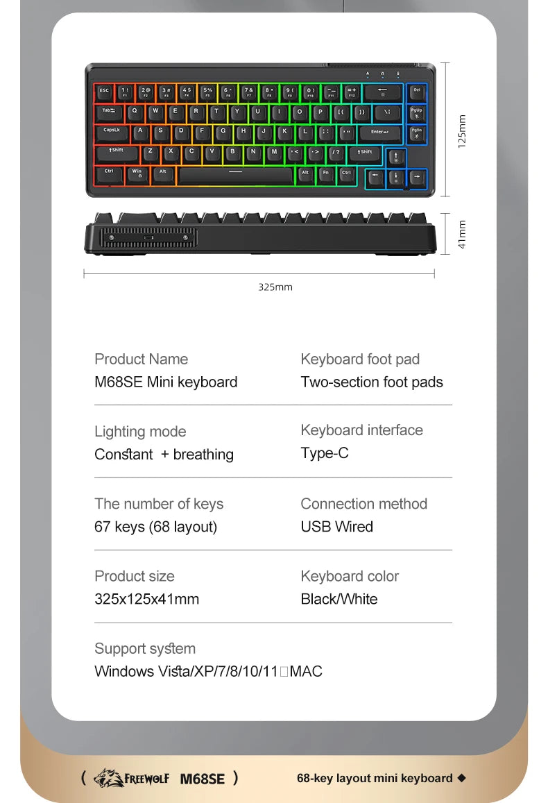 Teclado FREEWOLF M68SE com sensação mecânica, 68 teclas, mini teclado compacto com fios, silencioso, para portáteis, gaming e utilização em escritório