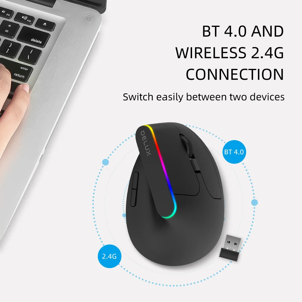 Delux  Ergonomic Vertical Mouse Rechargeable Wireless RGB Mouse Bluetooth 2.4G  4000DPI Gaming Silent Mice For Laptop PC