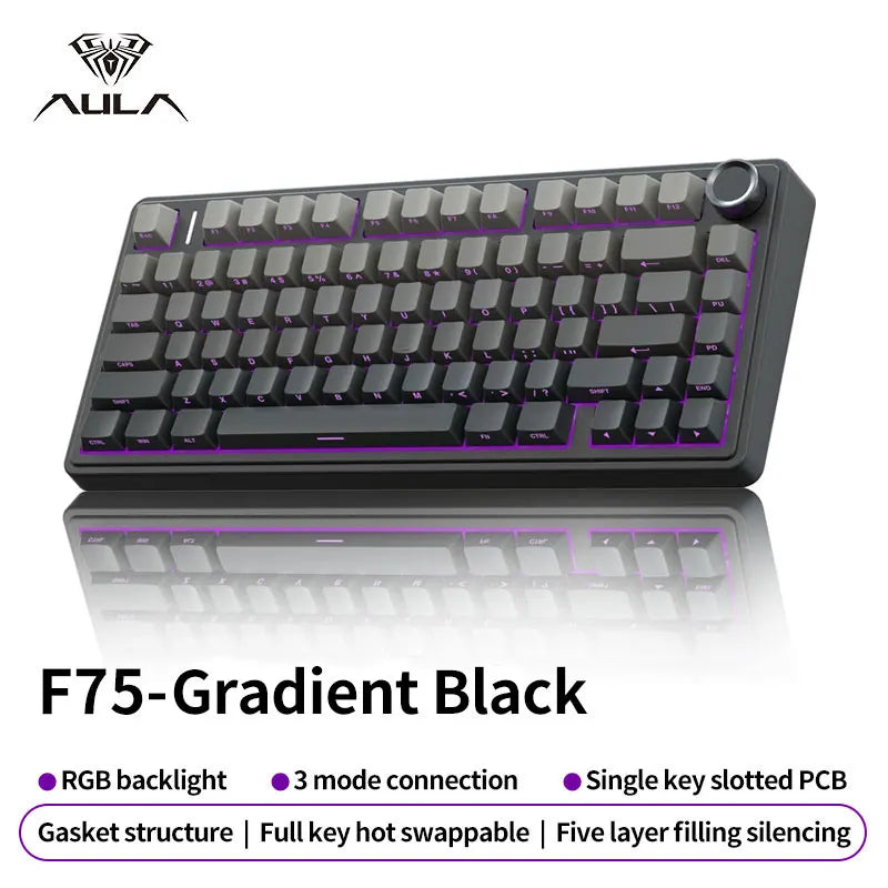 Teclado mecânico gaming AULA F75 RGB personalizado, layout 75%, gravação lateral, montagem gasket, 80 teclas, keycaps PBT em gradiente