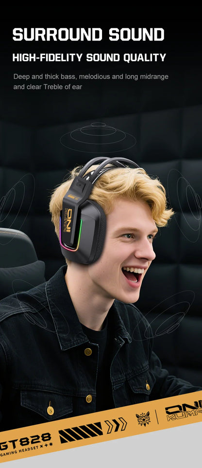 Cuffie da gaming wireless ONIKUMA GT828 Bluetooth 5.3 RGB con microfono, cancellazione del rumore e connessione a 4 modalità per PC, PS5 e laptop