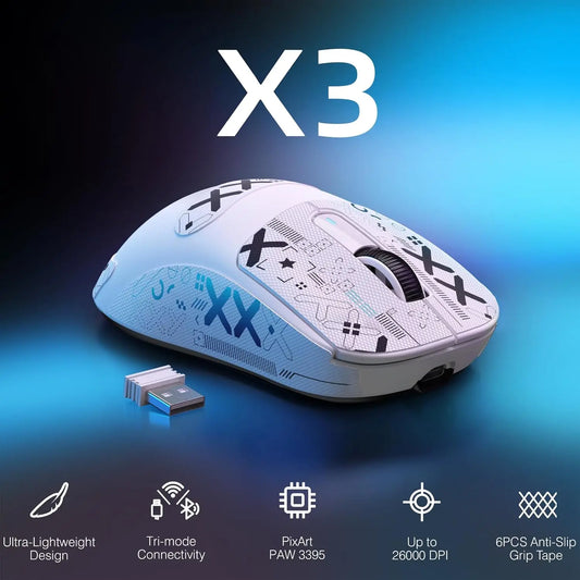 ATTACK SHARK X3 leichte kabellose Gaming-Maus, 49g Tri-Mode, PAW3395 26K DPI Sensor, 200h Akkulaufzeit, 5 programmierbare Tasten
