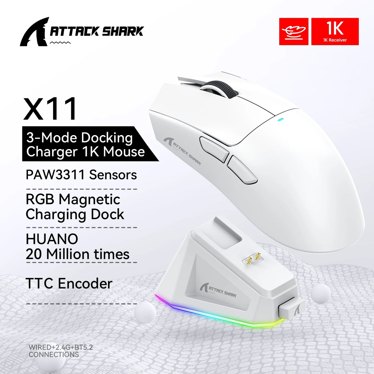 Attack Shark X11&R1 Tri Mode Bluetooth Wireless Mouse With Charger Base RGB Ergonomics Mice Lightweight PC Gamer Accessories