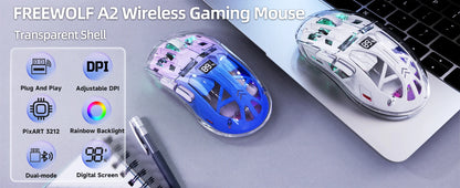 A2 transparente kabellose Gaming-Maus, BT 5.0/2.4G, wiederaufladbare RGB-Maus für PC mit digitalem Display, PixArt 3212, 5 einstellbare DPI