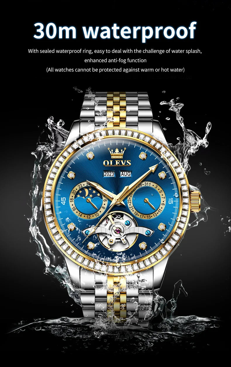 OLEVS 7016 Automatic Man Watch Stainless Steel Diamond Bezel Skeleton Flywheel Moon Phase Luminous Waterproof Mechanical Watches