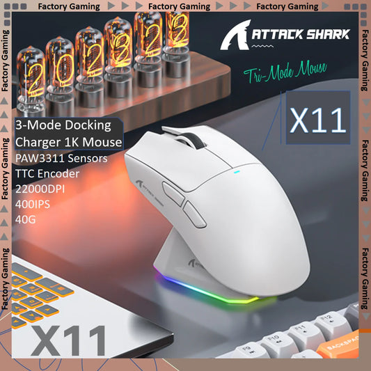 ATTACK SHARK X11 Tri-Mode leichte Gaming-Maus mit PAW3311, 22000DPI, 400IPS, 40G, 59g, magnetischem Schnellladen, RGB-Hintergrundbeleuchtung