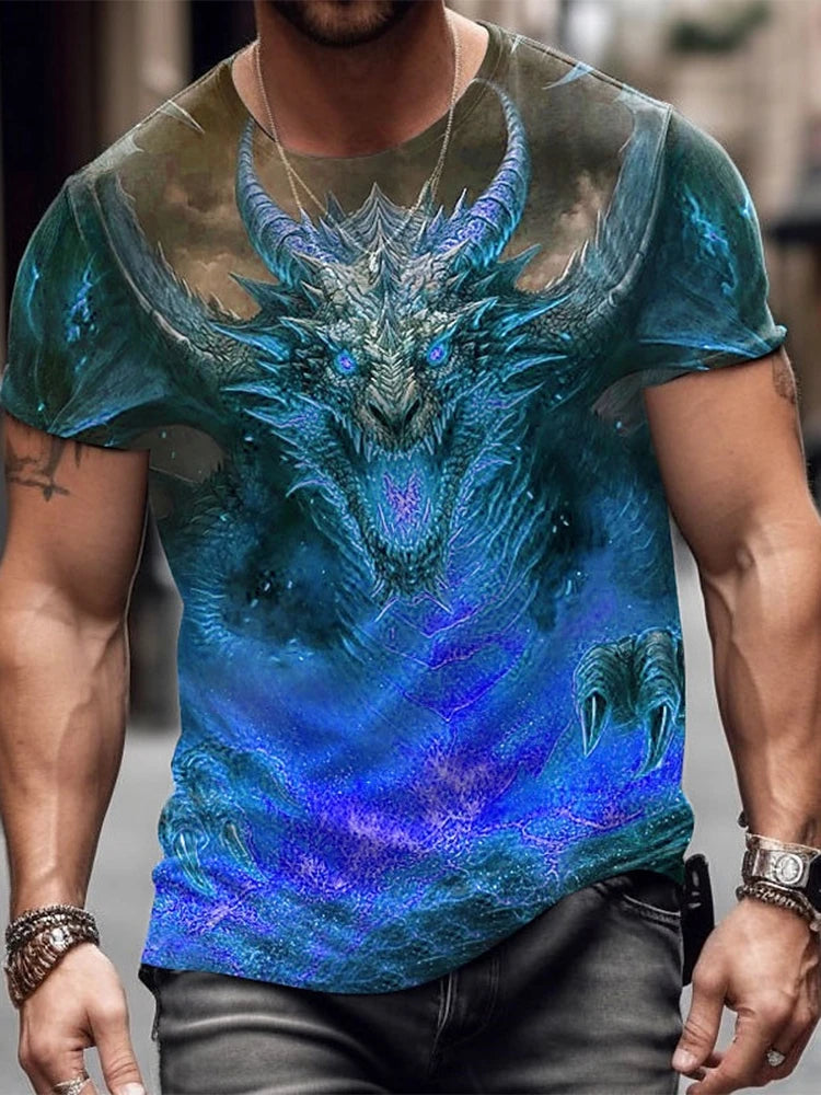 2024 zomer streetstyle heren-T-shirt, urban everyday casual top met korte mouwen, 3D-drakenprint, outdoor heren-T-shirt
