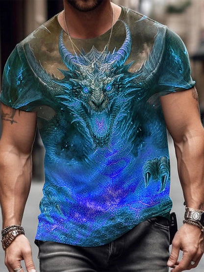 2024 zomer streetstyle heren-T-shirt, urban everyday casual top met korte mouwen, 3D-drakenprint, outdoor heren-T-shirt