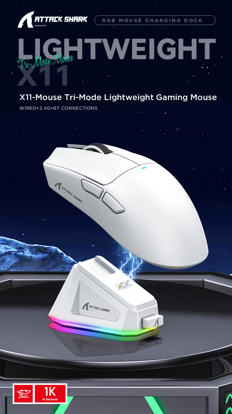 Attack Shark X11&R1 Tri Mode Bluetooth Wireless Mouse With Charger Base RGB Ergonomics Mice Lightweight PC Gamer Accessories