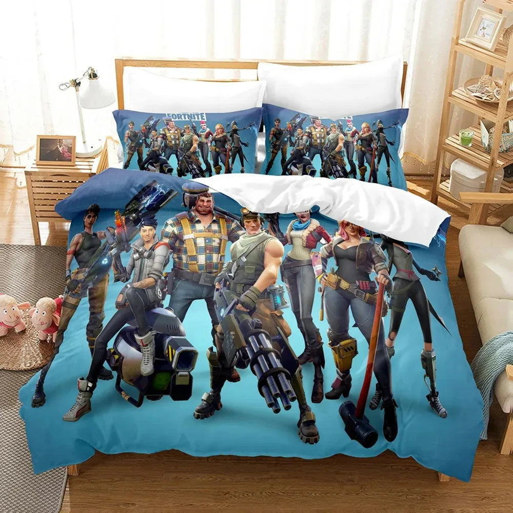 F-Fortnite 3PCS Bedding Set Battle Royale Kids Duvet Cover Quilt Pillowcase Double Size Victory Game Bedroom Linen Decoration