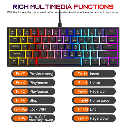 Teclado Gaming com Fio de 104 Teclas com Sensação Mecânica para Portátil e PC, Ergonómico, Retroiluminado RGB, 61 Teclas, Switches Cyan e Keycaps