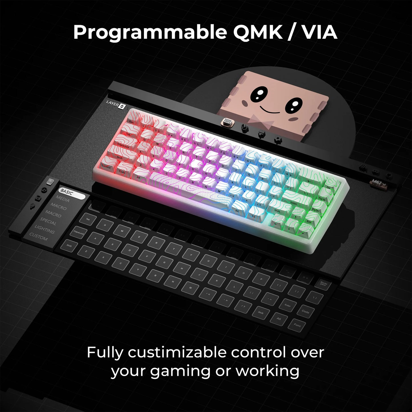Teclado Mecânico Sem Fios XVX M67 JadeStone com Teclas IMD-Tech Tri-Mode, Teclado Gamer Branco Topographic com Design Gasket