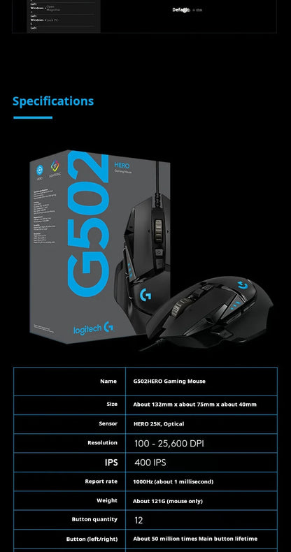 Logitech G502 HERO kablet gamingmus til e-sport, PUBG, mekanisk mus med RGB-lys, justerbar vægt og programmerbare makroer