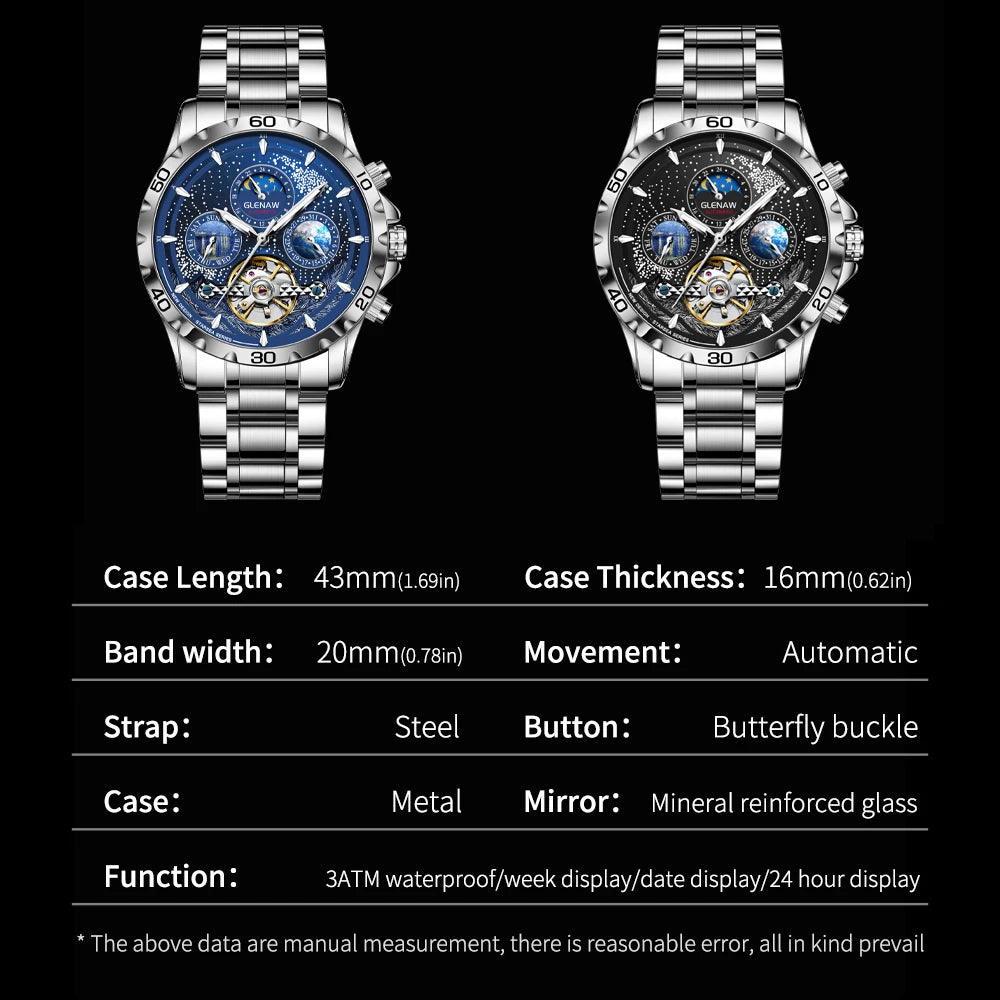 GLENAW Design Herrenuhr Top-Marke Luxusmode Business Automatikuhr für Herren Wasserdichte mechanische Uhr Montre Homme