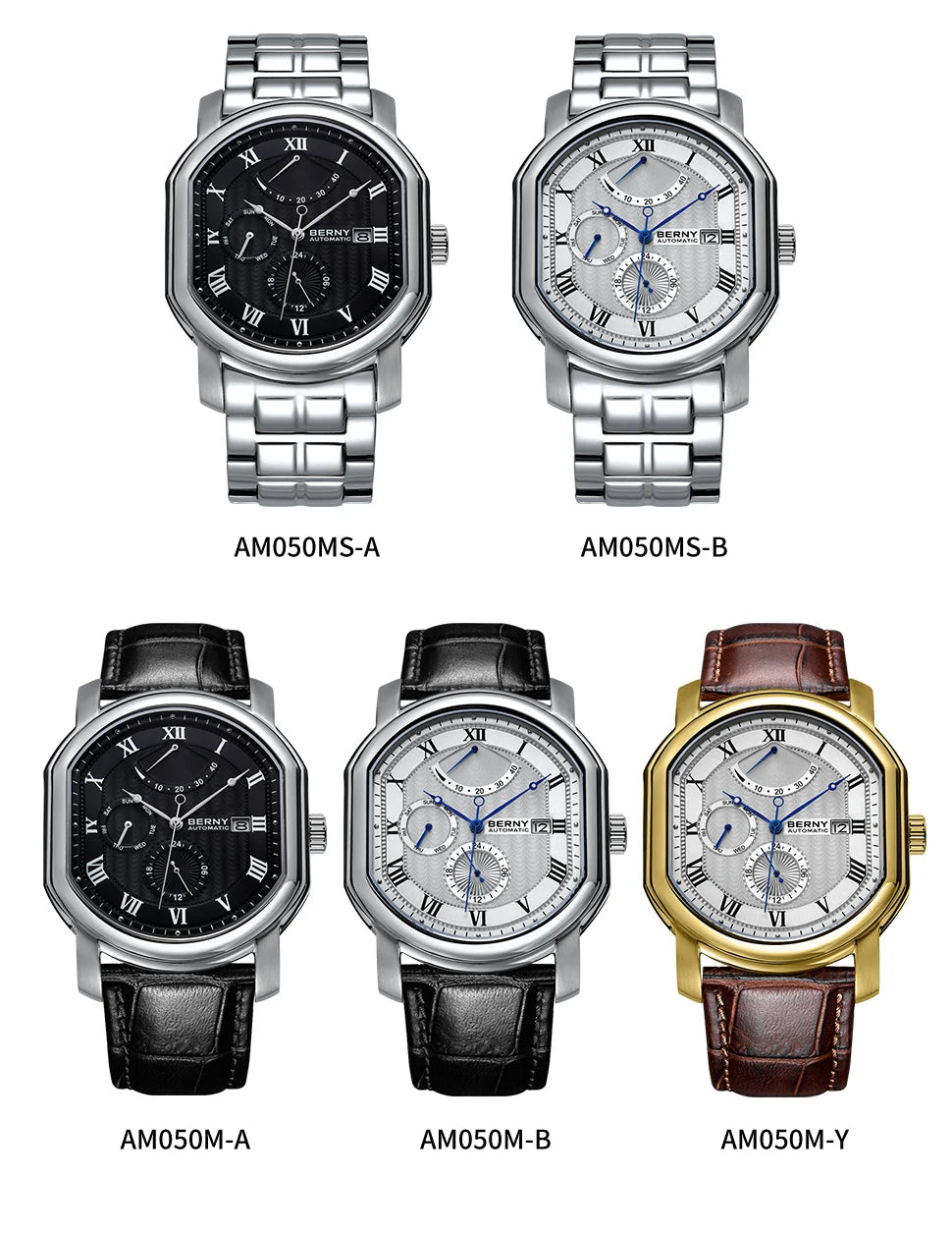 BERNY Men's Mechanical Watch, Top Accuracy, Automatic Wristwatch, Luxury Male Clock, Sapphire, Self-Winding, Waterproof