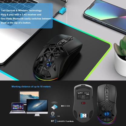 HXSJ T26 kétmódú gaming egér, 2.4G+BT5.1 vezeték nélküli gamer egér laptophoz, 4800DPI állítható, ergonomikus optikai számítógépes gamer egér