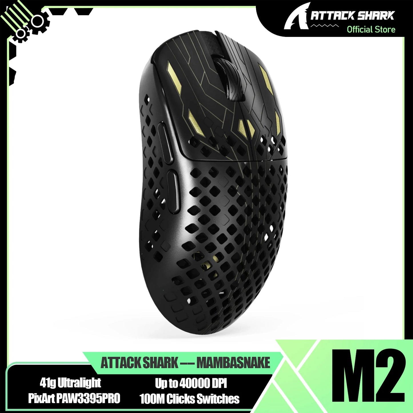 MAMBASNAKE M2 ultraleichte kabellose Gaming-Maus, PAW3395PRO-Sensor 40000 DPI, 41g Carbonfaser, Tri-Mode