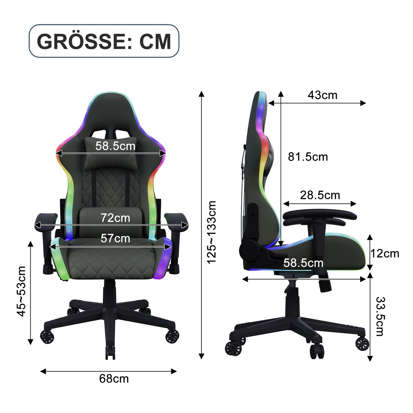 Anajqaqia Gaming Chair RGB LED Light Lumbar Massage Adjustable 90-135° Backrest Ergonomic Office Chair