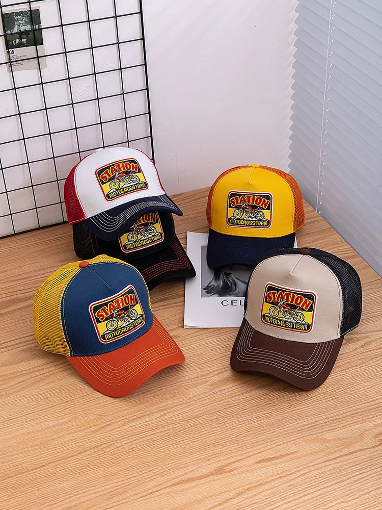 Unisex καπέλο Trucker με πλέγμα, κλασικό μοτίβο μοτοσικλέτας, αναπνεύσιμο καλοκαιρινό καπέλο μπέιζμπολ, καπέλο streetwear για άνδρες και γυναίκες