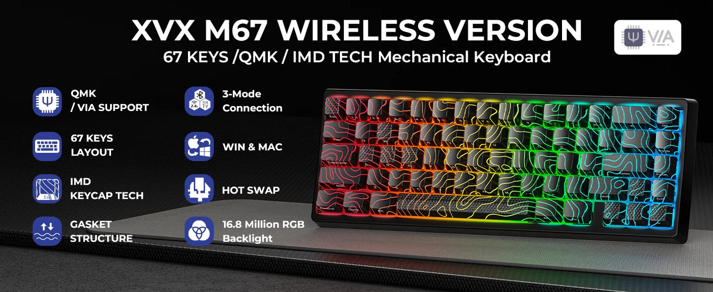Teclado Mecânico Sem Fios XVX M67 JadeStone com Teclas IMD-Tech Tri-Mode, Teclado Gamer Branco Topographic com Design Gasket