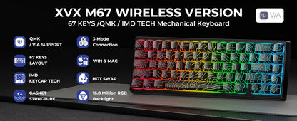 Teclado Mecânico Sem Fios XVX M67 JadeStone com Teclas IMD-Tech Tri-Mode, Teclado Gamer Branco Topographic com Design Gasket