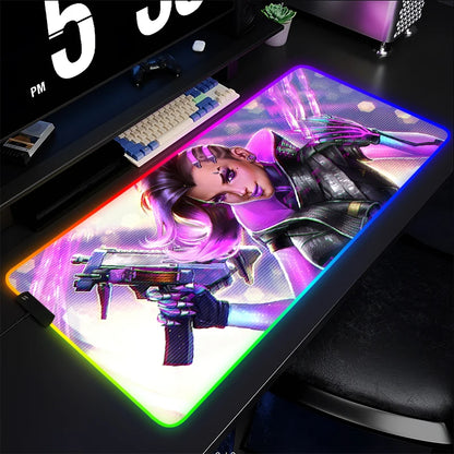 Геймърски пад за мишка и клавиатура Overwatch Sombra, подложка за бюро с LED RGB, гумен килим за мишка, kawaii mousepad за ноутбук