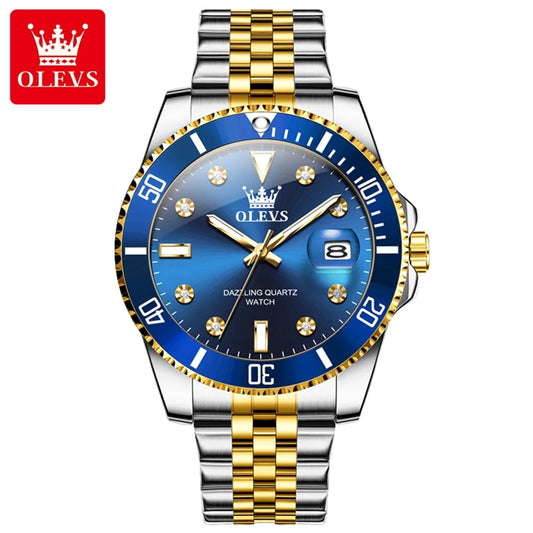 Montre pour homme OLEVS – Montre de luxe, style professionnel, étanche, avec affichage de la date, aiguilles luminescentes, boîtier en acier inoxydable et cadran bleu – Montre à quartz