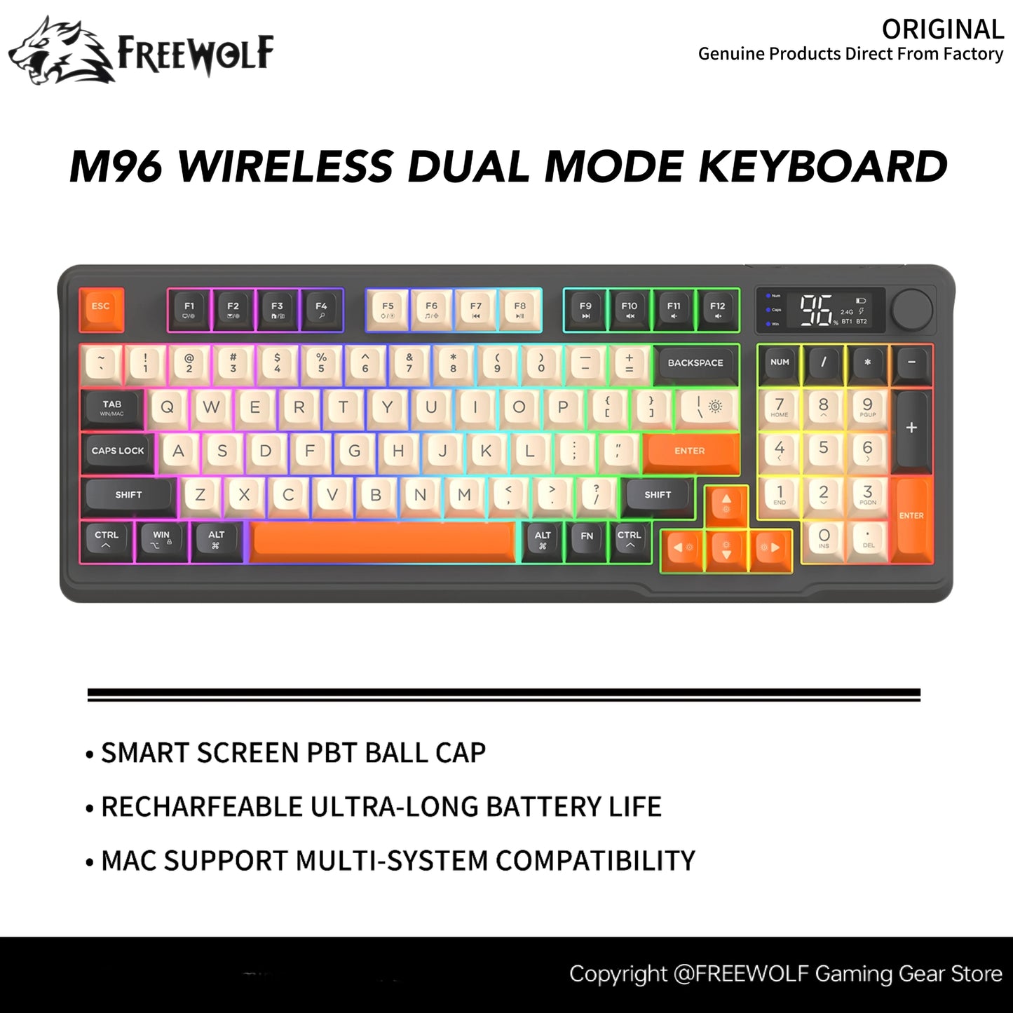M96 Bluetooth Wireless Keyboard FREEWOLF Digital Display, RGB Backlight, 2000mAh Battery & PBT Keycaps for PC/Laptop