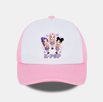 K-POP Cute Cartoon Girl Group Print Sponge Mesh Cap | Unisex Adjustable Mesh Baseball Cap | Y2K K-Pop Fan Street Style Sun Hat