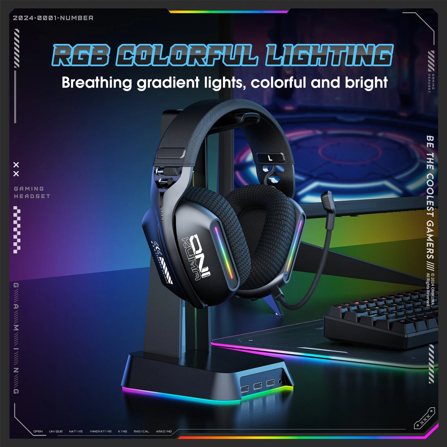 Onikuma GT808 Kabelloses Gaming-Headset RGB – Bluetooth 5.3, 2.4GHz & 3.5mm Gaming-Kopfhörer mit Mikrofon