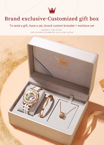 OLEVS 6615 Top Original Automatic Mechanical Wrist Watch for Women Luxury Elegant Diamond Hollow Colorful Butterfly Ladies Watch