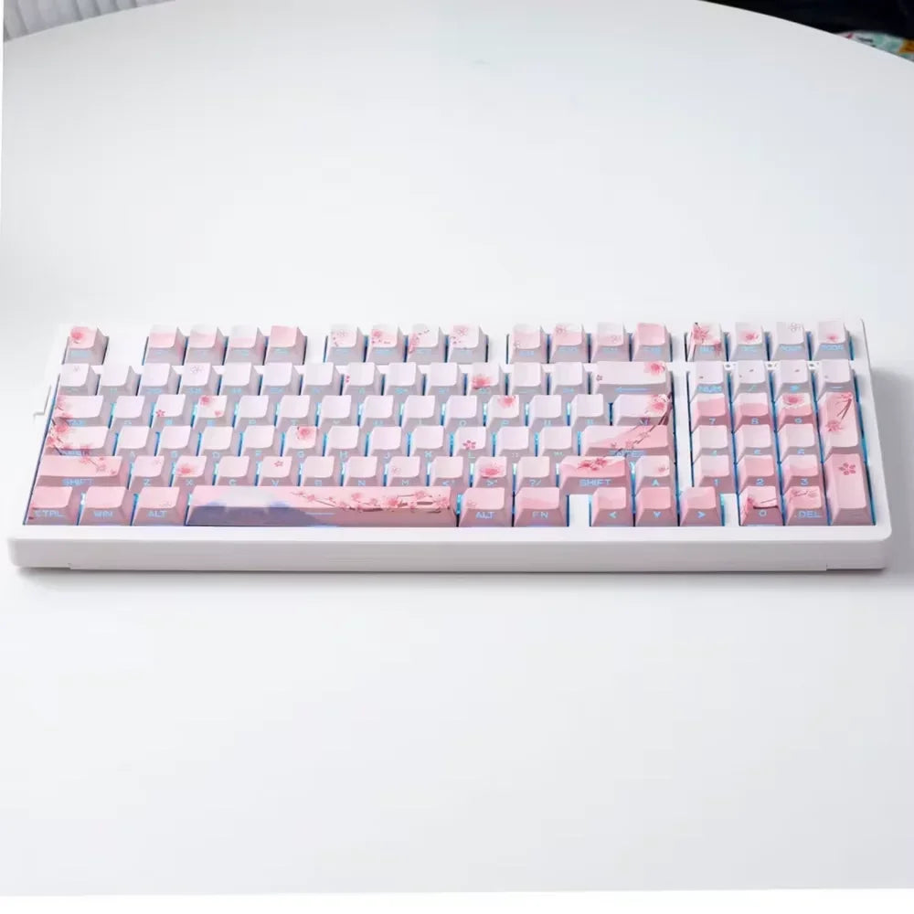 Conjunto de Keycaps Sakura Pink com Gravação Lateral em PBT Translúcido, 127 Teclas para Teclados Mecânicos MX Switch 60/84/90/104/108