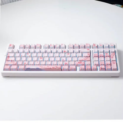 Conjunto de Keycaps Sakura Pink com Gravação Lateral em PBT Translúcido, 127 Teclas para Teclados Mecânicos MX Switch 60/84/90/104/108