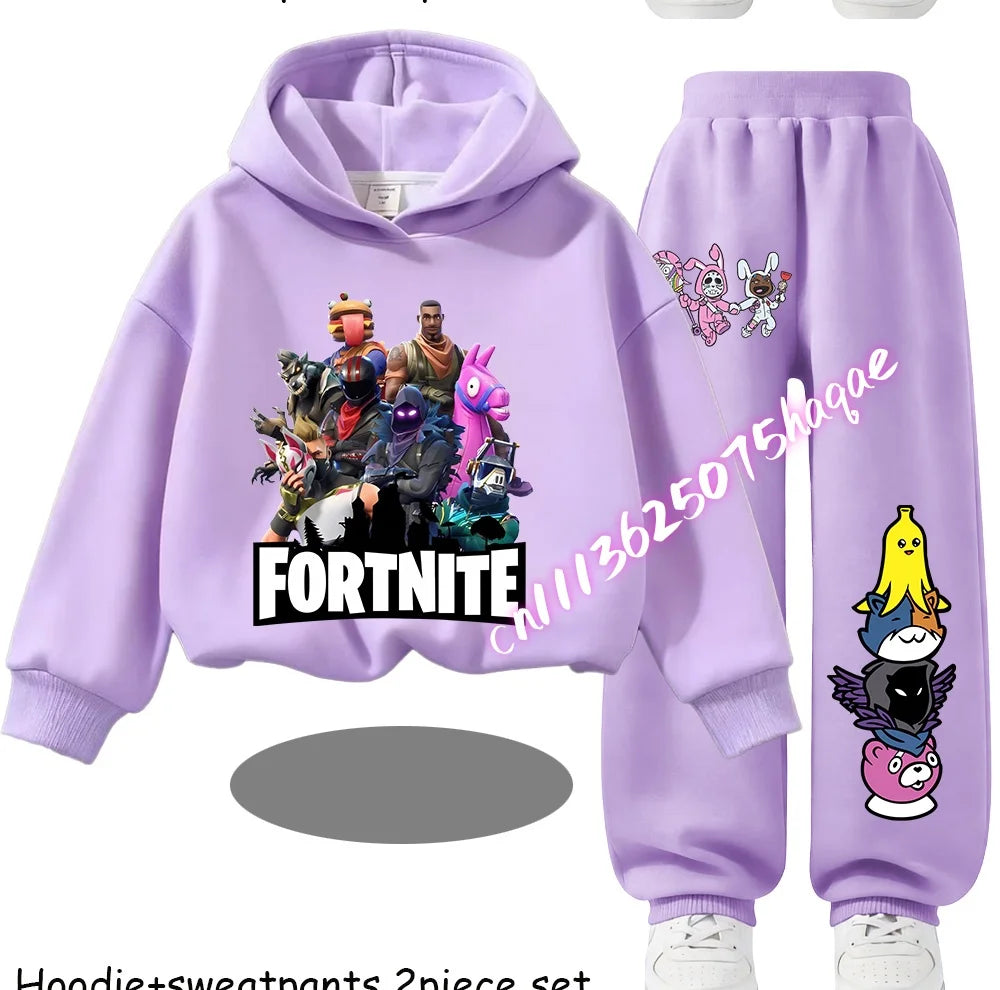 Sweats com Capuz Infantis Estampadas Fortnite, Conjunto Cartoon Confortável de 2 Peças, Tops Largos de Manga Comprida com Calças, Roupa de Outono/Inverno, Presente