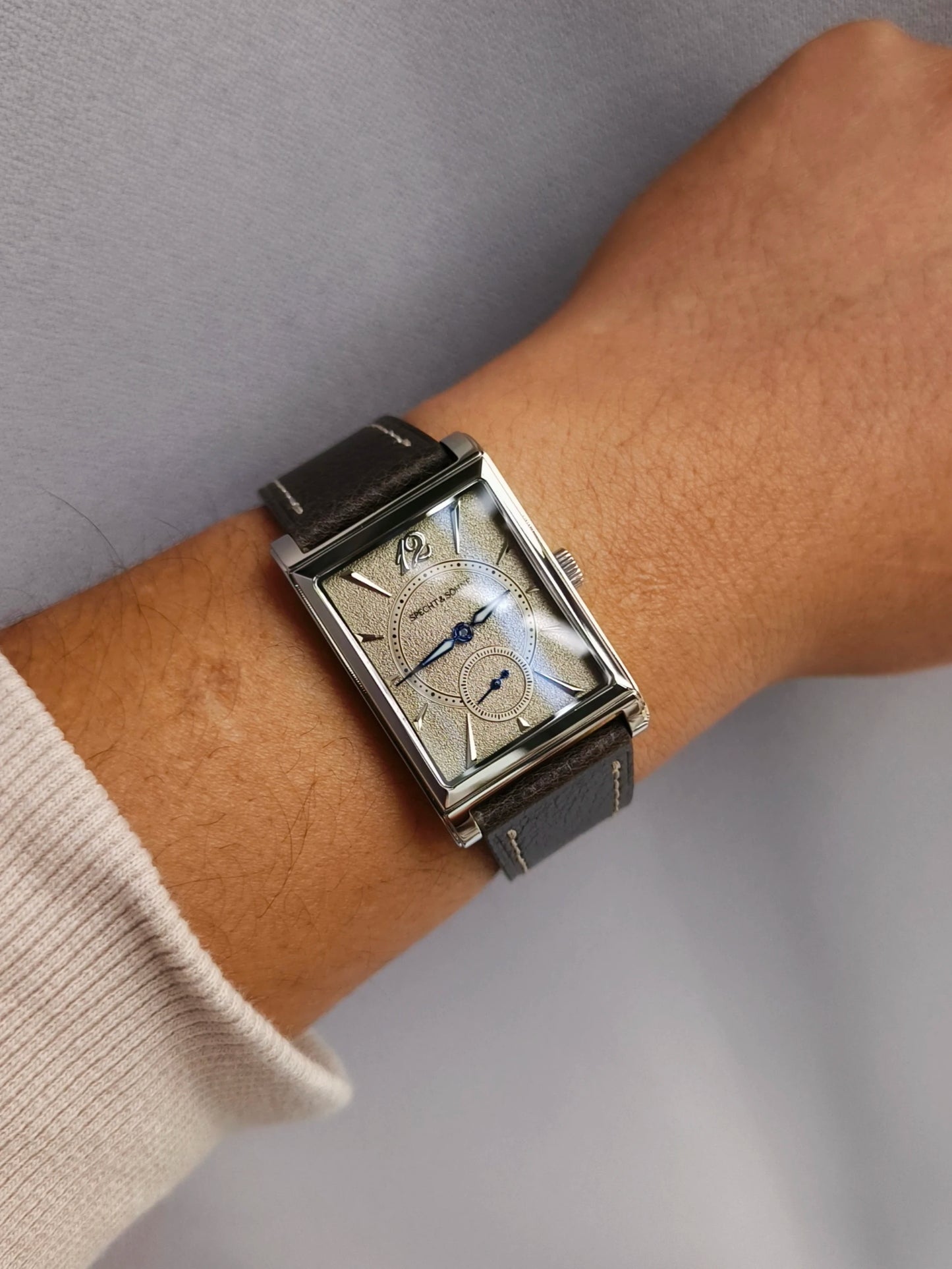 2026 Specht&Söhne Ultra Thin 7.5mm Rectangular Watch Japan Quartz Movement Small Seconds Sandblasted Dial Grey Leather Strap Watch