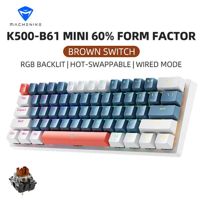 K500-B61 Machenike Mini Teclado Mecânico 60% 61 Teclas Gaming com Fio, Totalmente Hot-Swappable, Retroiluminação RGB