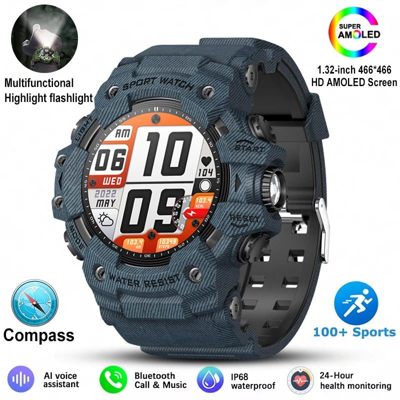 New Military Sports Smart Watch Men 100+ Sports Outdoor Fitness Compass Heart rate BT Call Waterproof Smartwatch For iOS Android