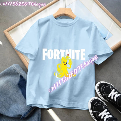 T-shirt azul de algodão Fortnite para criança, camisola de manga curta Fortress Night para bebé, top kawaii com desenho animado para menino e menina, roupa de verão, prenda