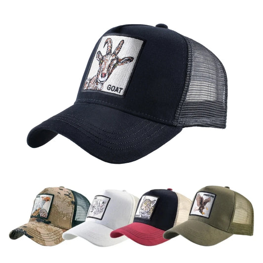 Gorras trucker de moda con parche bordado de cabra, snapback para las cuatro estaciones, gorra de béisbol para hombre y mujer con visera ajustable
