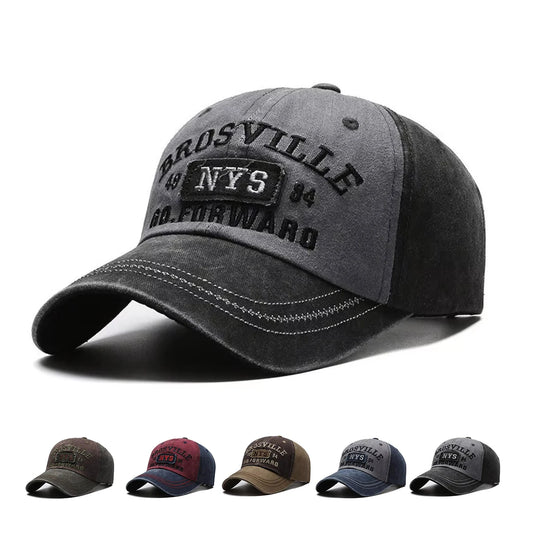 Four Seasons Men Baseball Cap Casual Distressed Washed Cotton Letter Embroidered Cap Bent Brim Dome Casual Sun Protection Hat