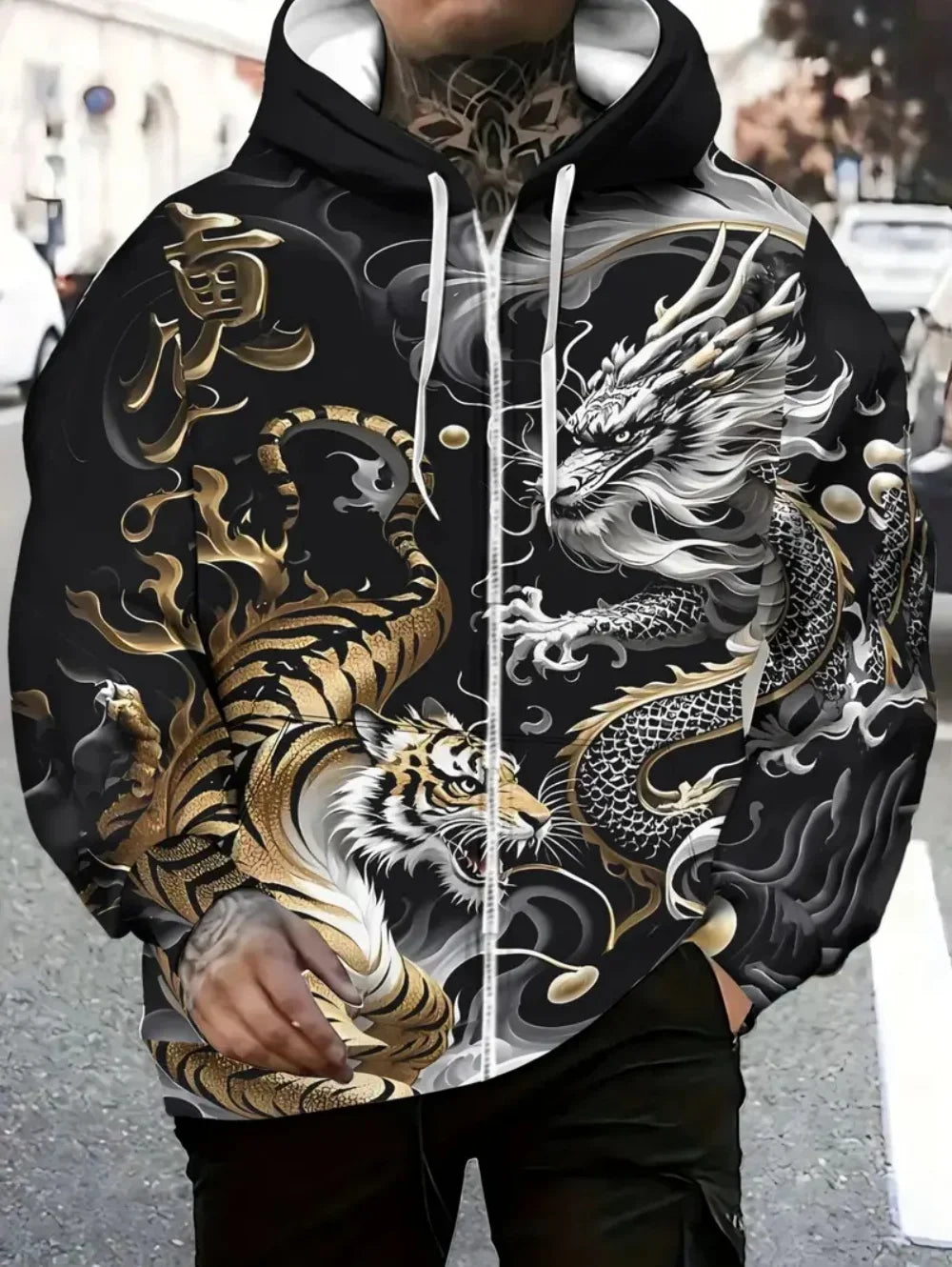 Herren-Hoodie mit Drachenprint und Reißverschluss, Kordelzug, langen Ärmeln, Oversize-Passform, für Outdoor-Aktivitäten und Reisen, Herbst/Winter