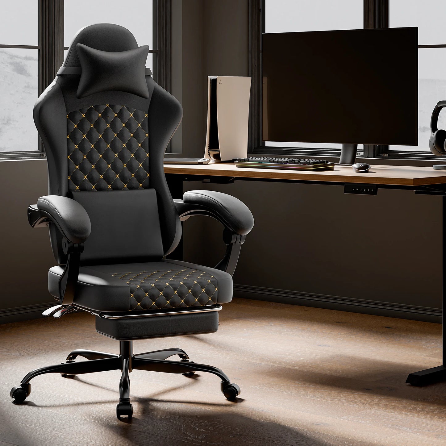 PINGGO Ergonomischer Gaming-Stuhl mit Fußstütze und Massagefunktion, PVC-Leder-Bürostuhl für PC-Gaming, Belastbarkeit 150kg