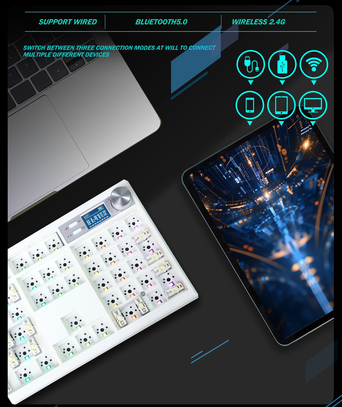 GMK104 Mechanical Keyboard Kit Three Mode Gaming Keyboard Hot Swap Backlit Gasket Structure This VIA with display screen