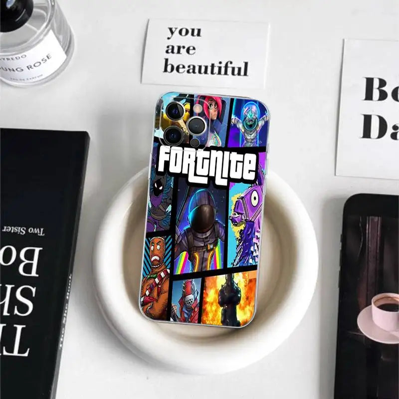Capa de Telemóvel em TPU Macio Transparente Estilo Cartoon B-Battle-R-Royales-F-FortniteS para iPhone 17 16 15 14 13 12 11 Pro Max Plus